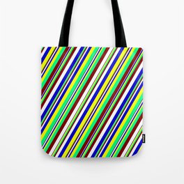 [ Thumbnail: Maroon, White, Blue, Yellow & Green Colored Striped Pattern Tote Bag ]