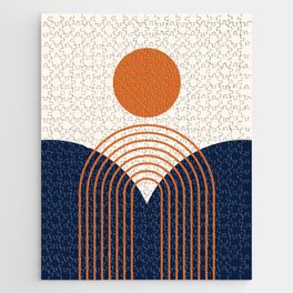 Geometric Rainbow Sun Abstract 27 in Navy Blue and Orange Jigsaw Puzzle