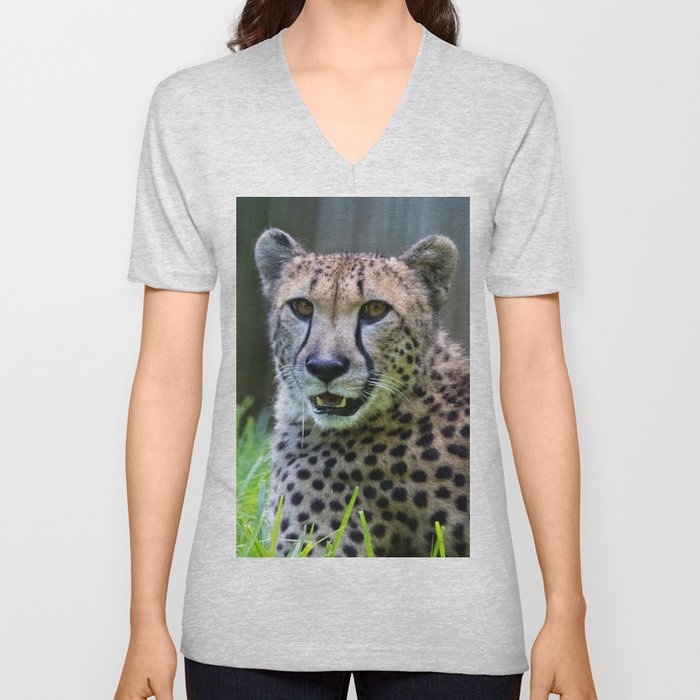 Cheetah Face V Neck T Shirt
