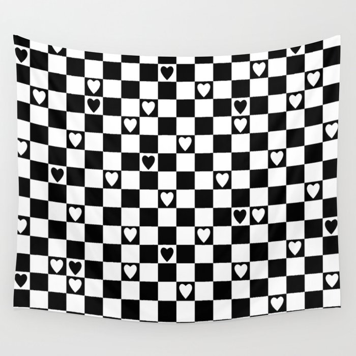 Checkered hearts black and white Wall Tapestry