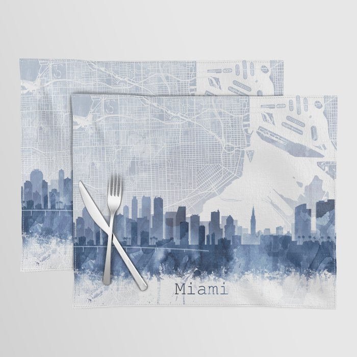 Miami Skyline & Map Watercolor Navy Blue, Print by Zouzounio Art Placemat