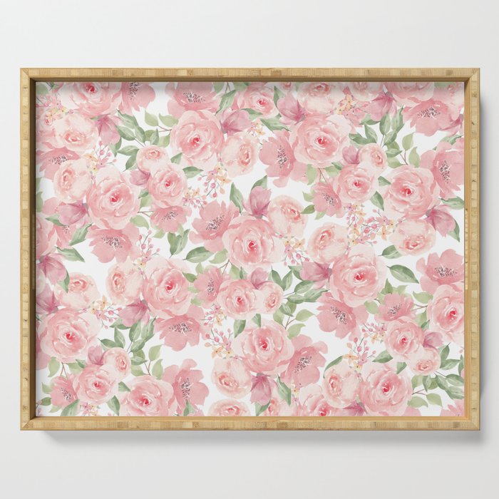 Watercolor botanical pink coral green summer flowers Serving Tray