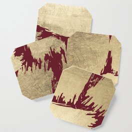 Abstract burgundy gold paint brush strokes Coaster