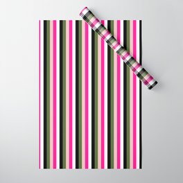 [ Thumbnail: Colorful Deep Pink, Pink, Dark Olive Green, Black, and White Colored Lined Pattern Wrapping Paper ]