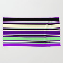 [ Thumbnail: Eyecatching Light Yellow, Indigo, Light Green, Dark Violet & Black Colored Stripes/Lines Pattern Beach Towel ]