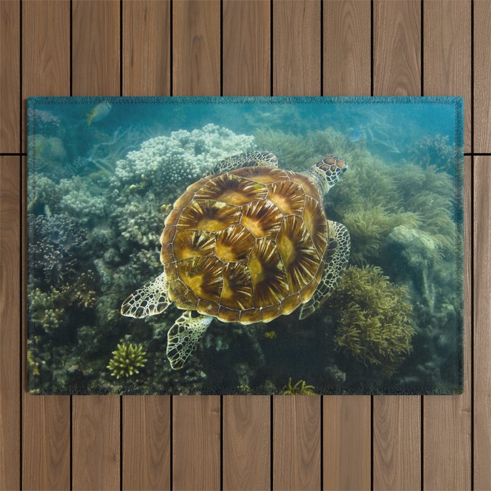 Turtle swimming over reef Outdoor Rug
