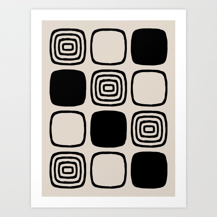 Retro Mid Century Modern Geometric Abstract 929 Black and Linen White Art Print