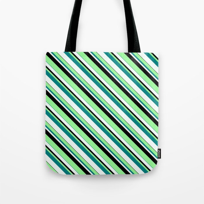 Green, Teal, Mint Cream & Black Colored Lined Pattern Tote Bag