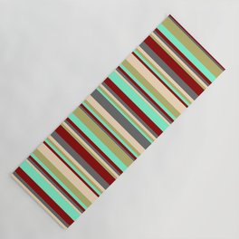 [ Thumbnail: Aquamarine, Dark Khaki, Bisque, Dim Gray & Dark Red Colored Striped/Lined Pattern Yoga Mat ]