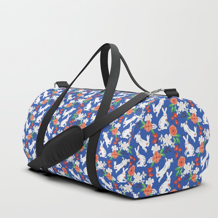 Blue White Spring Bunny Floral Garden Duffle Bag