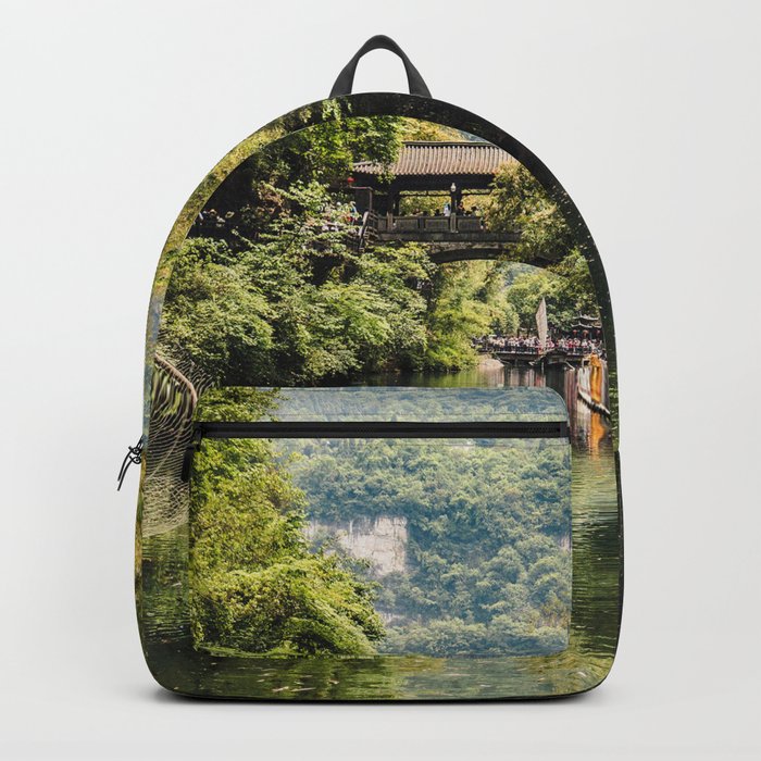 China Photography - Boat Flowing Down The River Between Dense Trees Backpack