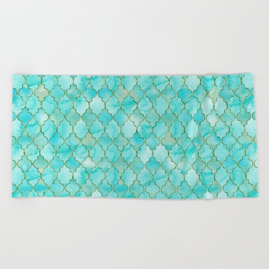 Luxury Aqua Teal and Gold oriental quatrefoil pattern Beach Towel