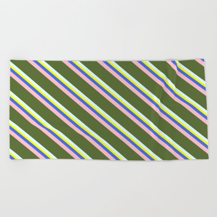 Colorful Yellow, Royal Blue, Pink, Dark Olive Green, and Light Cyan Colored Lined/Striped Pattern Beach Towel
