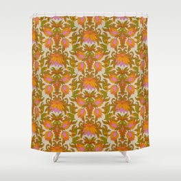 Orange, Pink Flowers and Green Leaves 1960s Retro Vintage Pattern Shower Curtain