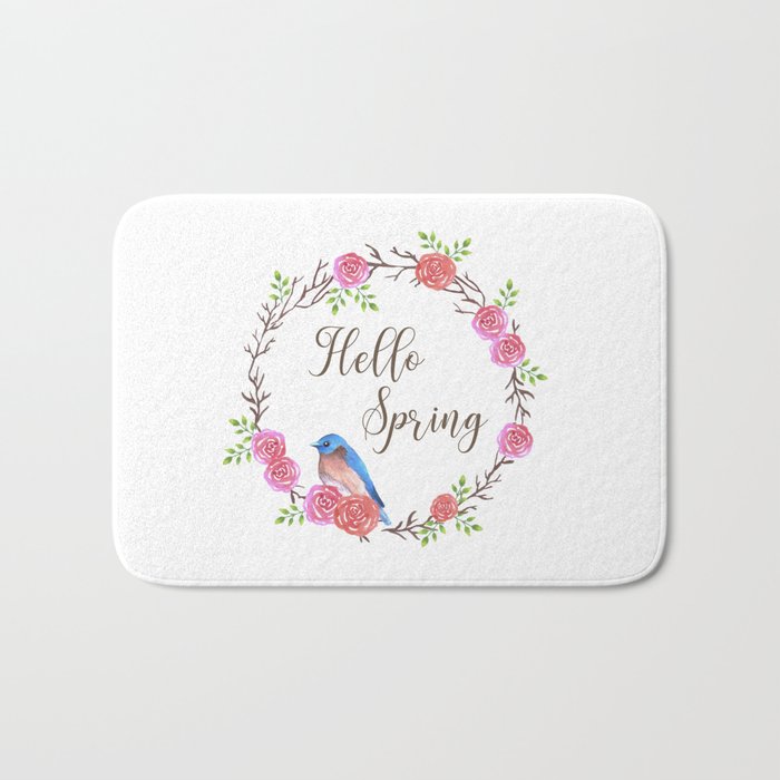 bluebird and floral wreath with Hello spring quote Bath Mat