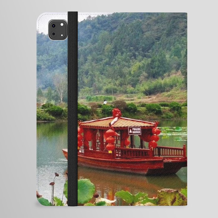 China Photography - Red Boat Traveling Up The River iPad Folio Case