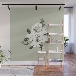 Cream and yellow flowers over sage green Wall Mural