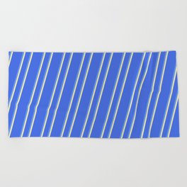 [ Thumbnail: Royal Blue, Cornflower Blue & Pale Goldenrod Colored Lined Pattern Beach Towel ]