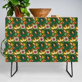 Colorful Floral Pattern On Green Background Credenza