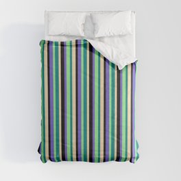 [ Thumbnail: Eye-catching Slate Blue, Black, Tan, Teal & Light Green Colored Stripes/Lines Pattern Comforter ]
