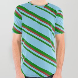 [ Thumbnail: Sky Blue, Green, and Brown Colored Lines/Stripes Pattern All Over Graphic Tee ]
