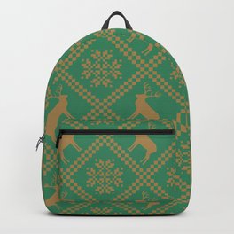 Gold Reindeer Scandinavian Vintage Christmas Seamless Pattern on Green  Backpack