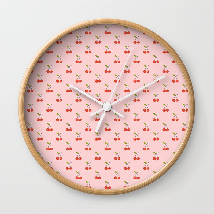 Cherry Seamless Pattern On Pastel Pink Background Wall Clock