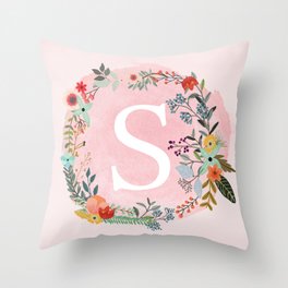 Flower Wreath with Personalized Monogram Initial Letter S on Pink Watercolor Paper Texture Artwork Throw Pillow