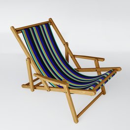 [ Thumbnail: Turquoise, Dark Goldenrod, Dark Blue & Black Colored Stripes Pattern Sling Chair ]