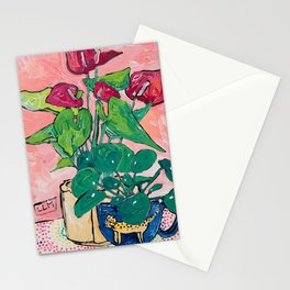 Houseplant Still Life Painting with Cheetah, Pilea, and Anthurium  Stationery Card