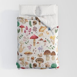 Watercolor forest mushroom illustration and plants Comforter