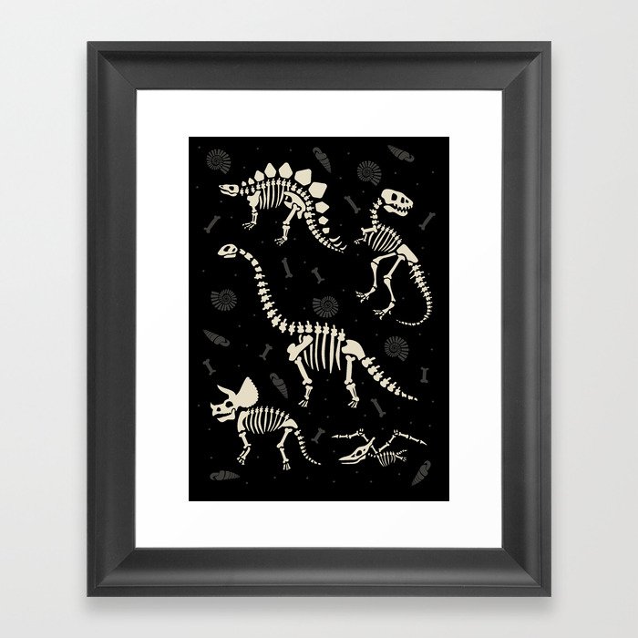 Dinosaur Fossils on Black Framed Art Print by Lathe and Quill | Society6