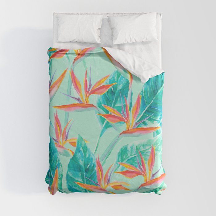 Birds Of Paradise Mint Duvet Cover