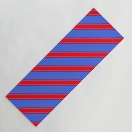[ Thumbnail: Royal Blue and Red Colored Lined/Striped Pattern Yoga Mat ]