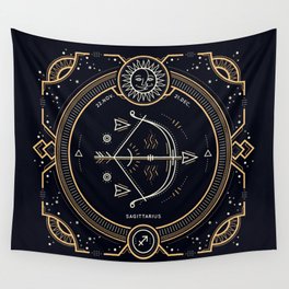 Sagittarius Zodiac Golden White on Black Background Wall Tapestry