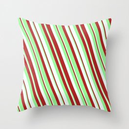 [ Thumbnail: Mint Cream, Red & Green Colored Lined Pattern Throw Pillow ]