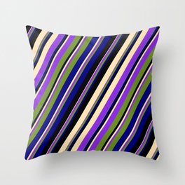 [ Thumbnail: Colorful Black, Beige, Purple, Green, and Blue Colored Pattern of Stripes Throw Pillow ]