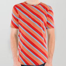 [ Thumbnail: Coral, Red & Light Sky Blue Colored Stripes/Lines Pattern All Over Graphic Tee ]