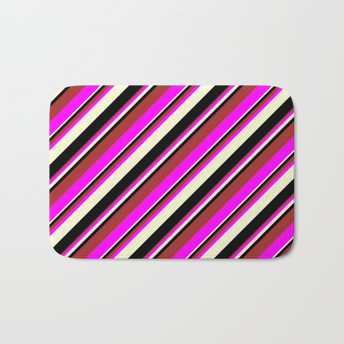 Brown, Fuchsia, Light Yellow, and Black Colored Lines Pattern Bath Mat