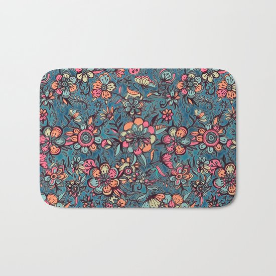 Sweet Spring Floral - melon pink, butterscotch & teal Bath Mat