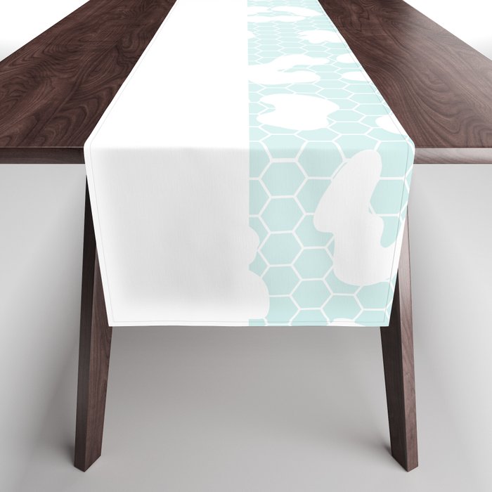 White Leopard Print Lace Horizontal Split on Pastel Sky Blue Table Runner