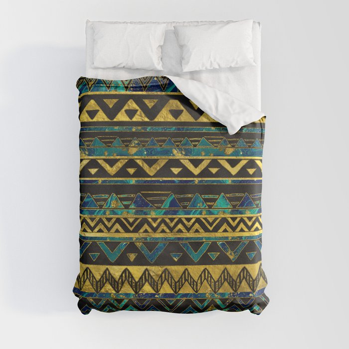Gold and Teal Marble Tribal Boho Ethnic Pattern Duvet Cover by
