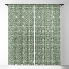 Art Deco Floral Tiles in Emerald Green and Faux Gold Sheer Curtain
