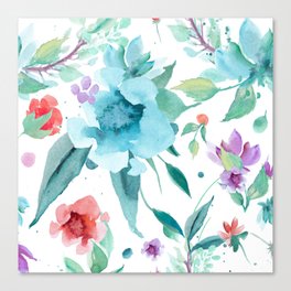 Abstract Blue Pink Teal Watercolor Foliage Floral Canvas Print