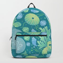 Ocean life Backpack | Coral, Underwater, Green, Curated, Seaurchin, Shell, Jellyfish, Algae, Wave, Seashell 