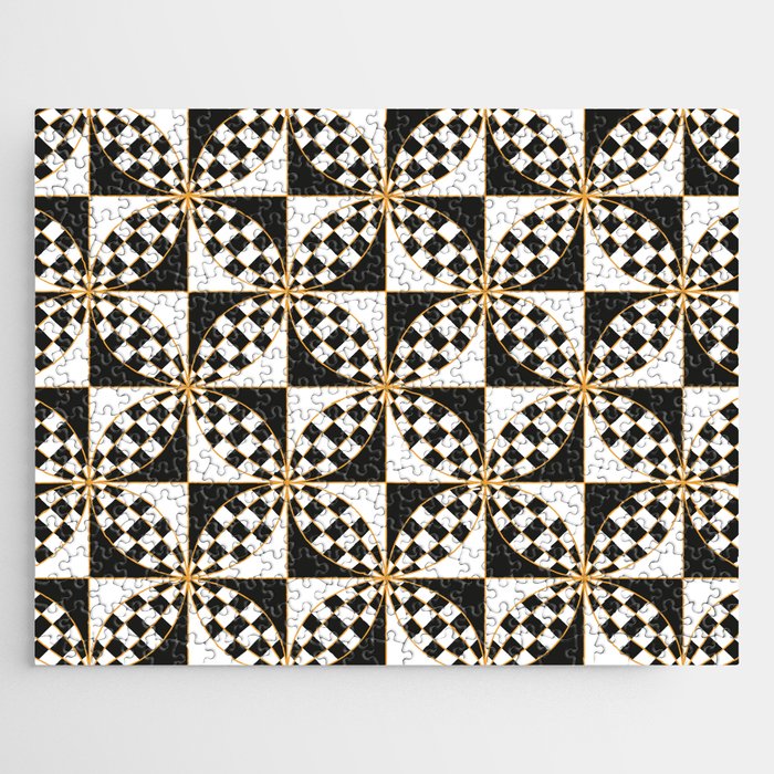 Checkered Black and White Flower Pattern Jigsaw Puzzle