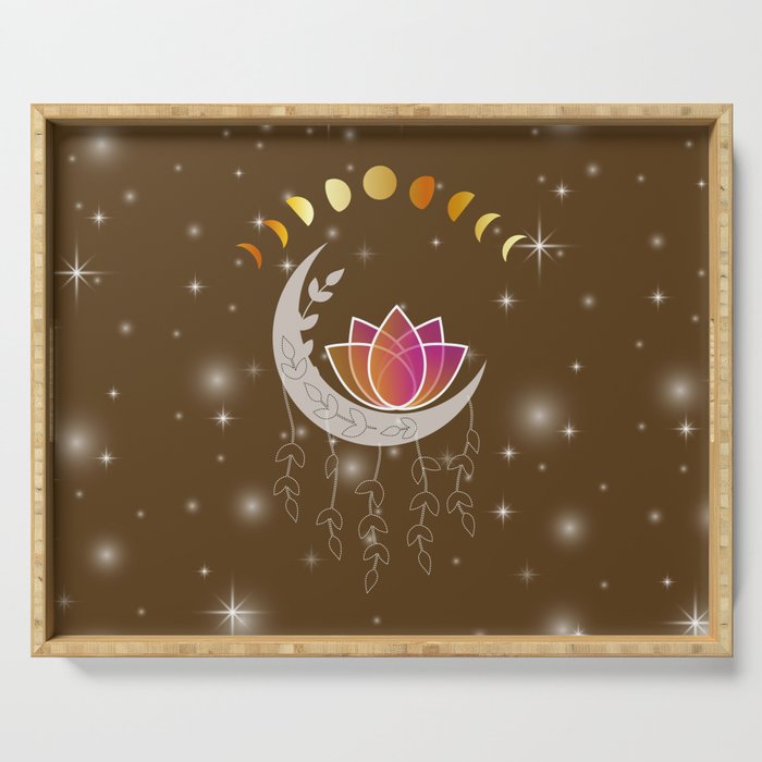 Moon dreamcatcher with pink lotus and leaves Serving Tray
