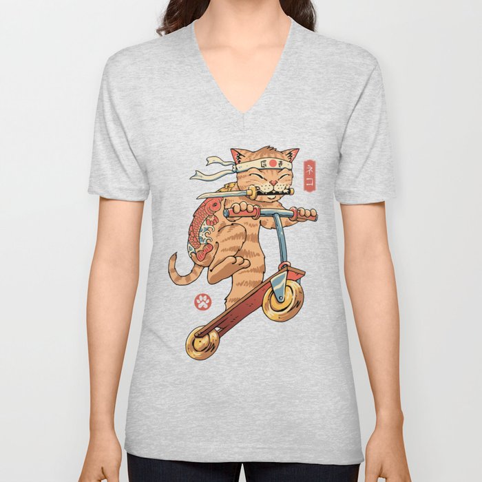 Cat Warrior Scooter V Neck T Shirt