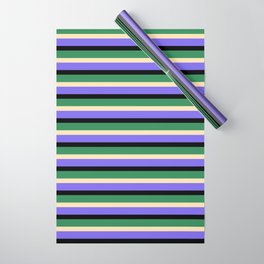 [ Thumbnail: Sea Green, Beige, Medium Slate Blue & Black Colored Lined Pattern Wrapping Paper ]