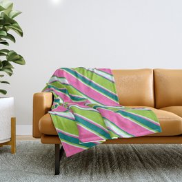 [ Thumbnail: Hot Pink, Teal, Green, and Light Cyan Colored Stripes/Lines Pattern Throw Blanket ]